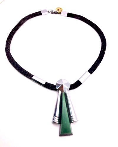 Vintage Jakob Bengel Green and Black Galalith Rare Woven Cord Necklace 1920