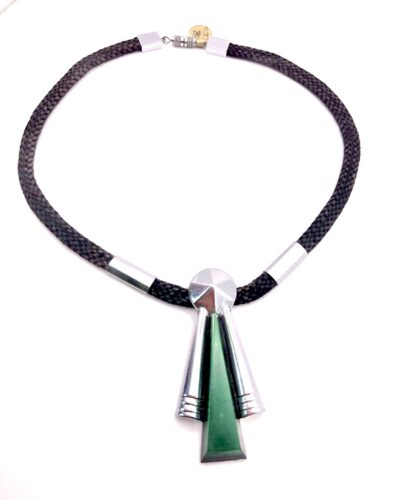 Vintage Jakob Bengel Green and Black Galalith Rare Woven Cord Necklace 1920