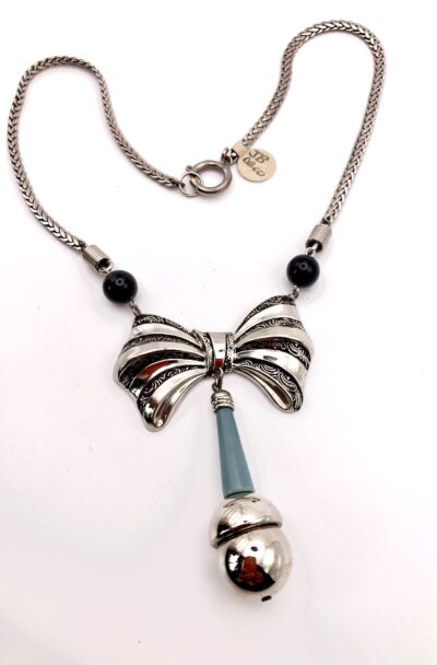 Vintage Jakob Bengel Bow Necklace with Petrol Blue and Chrome drop 1920-1930