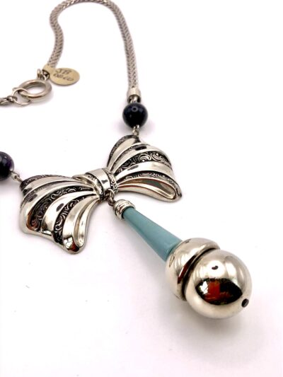 Vintage Jakob Bengel Bow Necklace with Petrol Blue and Chrome drop 1920-1930