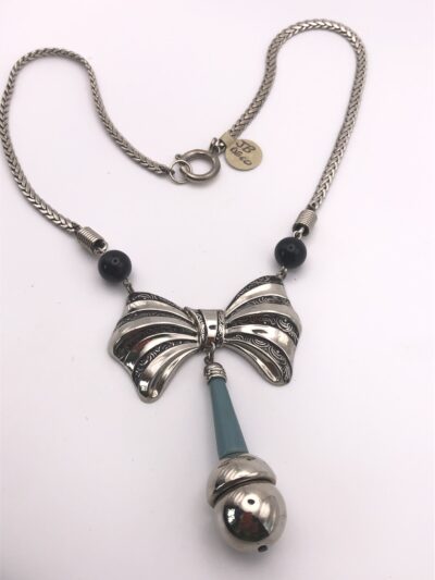 Vintage Jakob Bengel Bow Necklace with Petrol Blue and Chrome drop 1920-1930