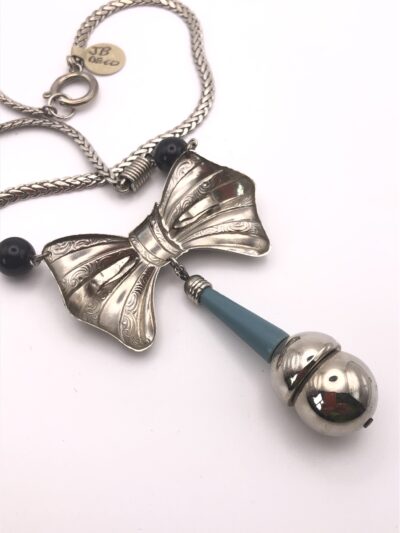 Vintage Jakob Bengel Bow Necklace with Petrol Blue and Chrome drop 1920-1930