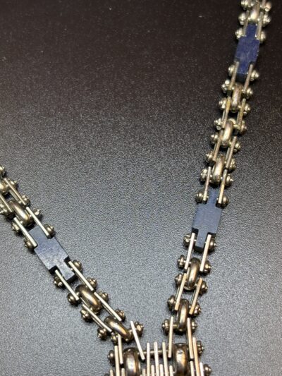 Vintage Jakob Bengel Blue Galalith and Interlinking chrome chain Necklace 1920-1930