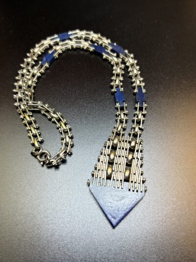 Vintage Jakob Bengel Blue Galalith and Interlinking chrome chain Necklace 1920-1930