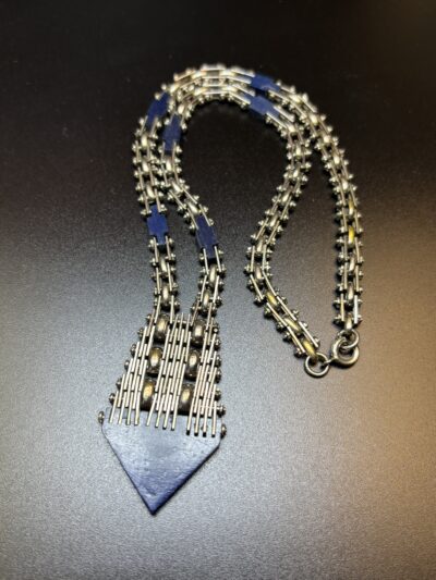 Vintage Jakob Bengel Blue Galalith and Interlinking chrome chain Necklace 1920-1930