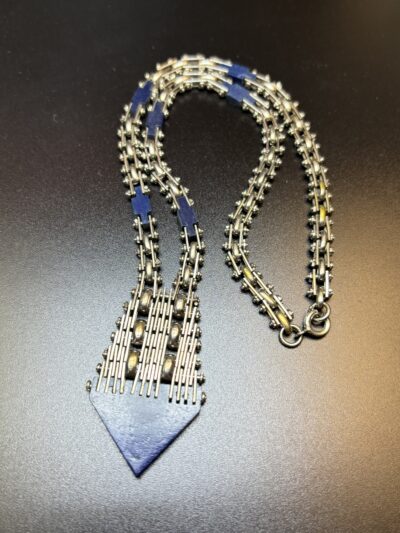 Vintage Jakob Bengel Blue Galalith and Interlinking chrome chain Necklace 1920-1930